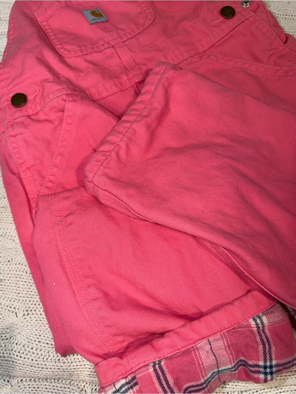 Carhartt Hot Pink Duck Bib Overalls with Plaid lining and Cuff - Picture 2 of 4